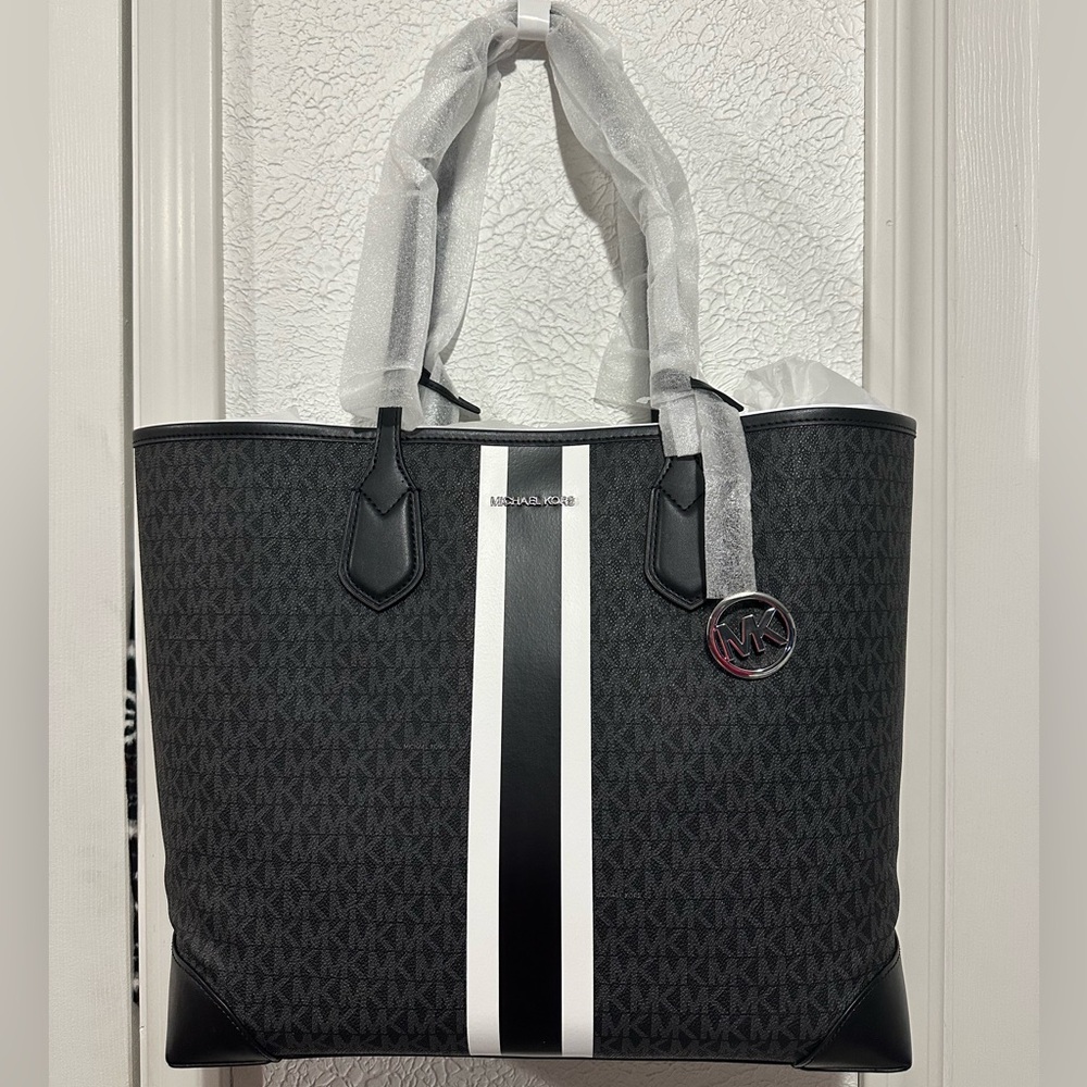 Michael Kors “Eva” Large Logo Stripe Tote in “Black”